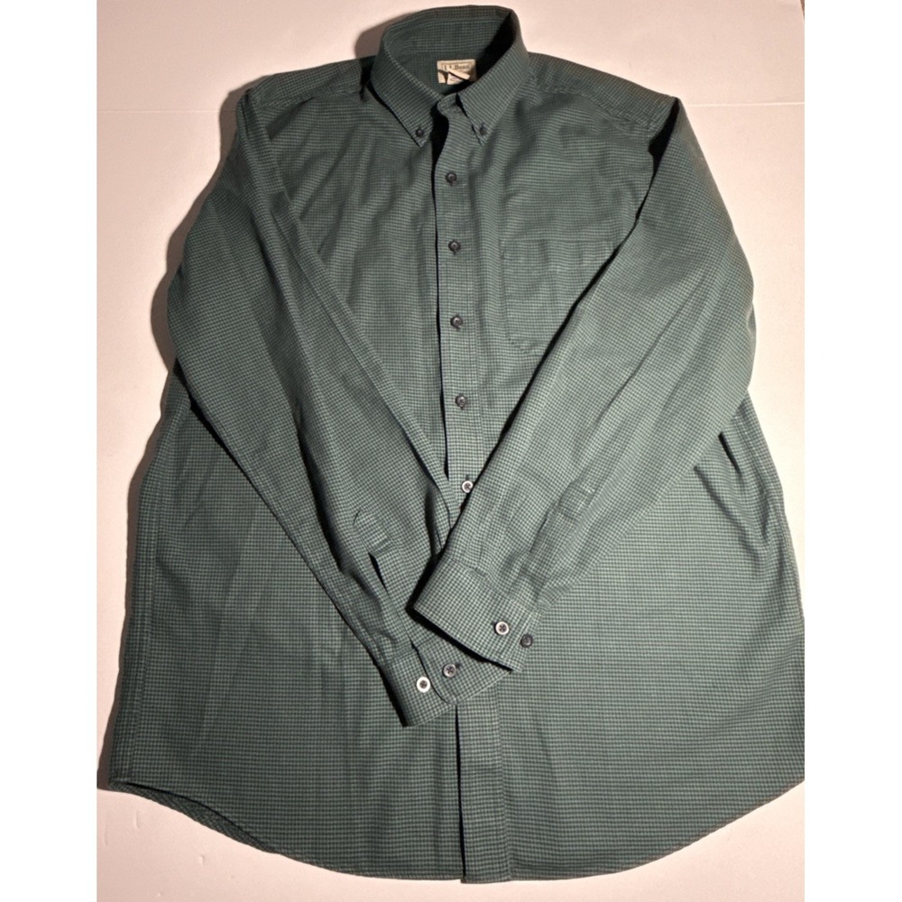L.L. Bean Flannel Houndstooth Traditional Fit L Tall Dark Green/Black Long Sl